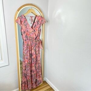 Band of Gypsies pink floral chiffon faux wrap maxi dress